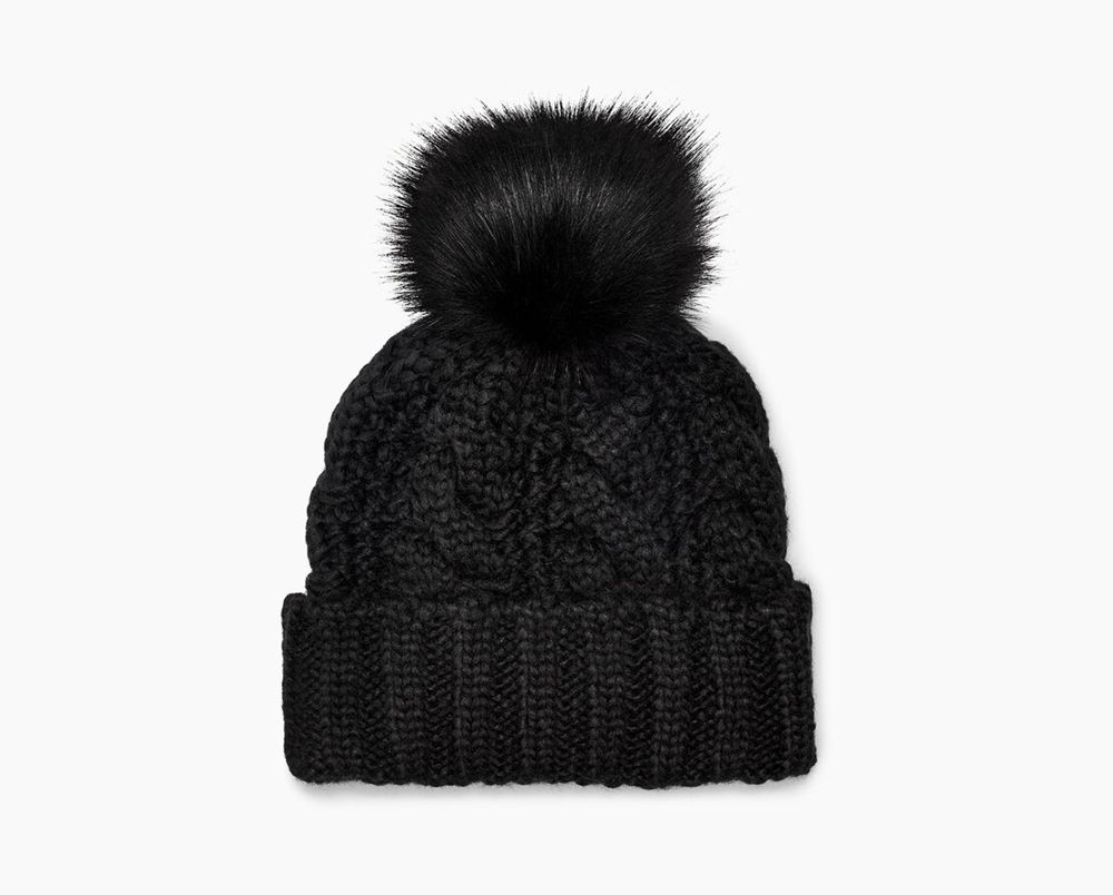 Ugg Beanies Womens - Ugg Knit Cable Faux Fur Pom Black - 801XFCSUV